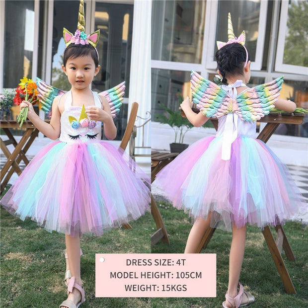 Girls Unicorn Birthday Tutu Sequin Pastel Dress With Headband Wing - MomyMall