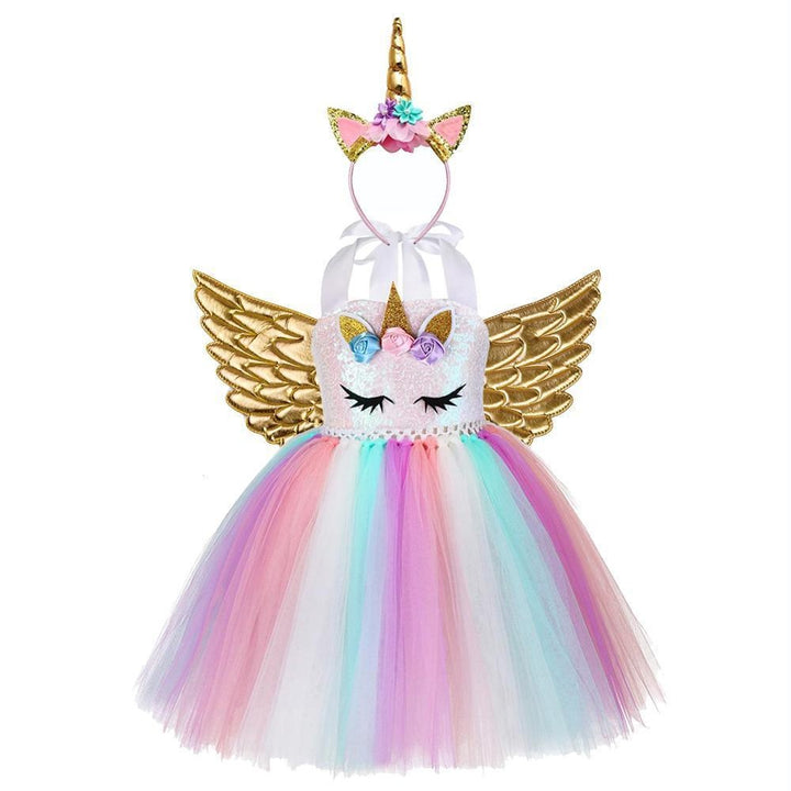 Girls Unicorn Birthday Tutu Sequin Pastel Dress With Headband Wing - MomyMall Unicorn Dress Set 1 / 18M-2T