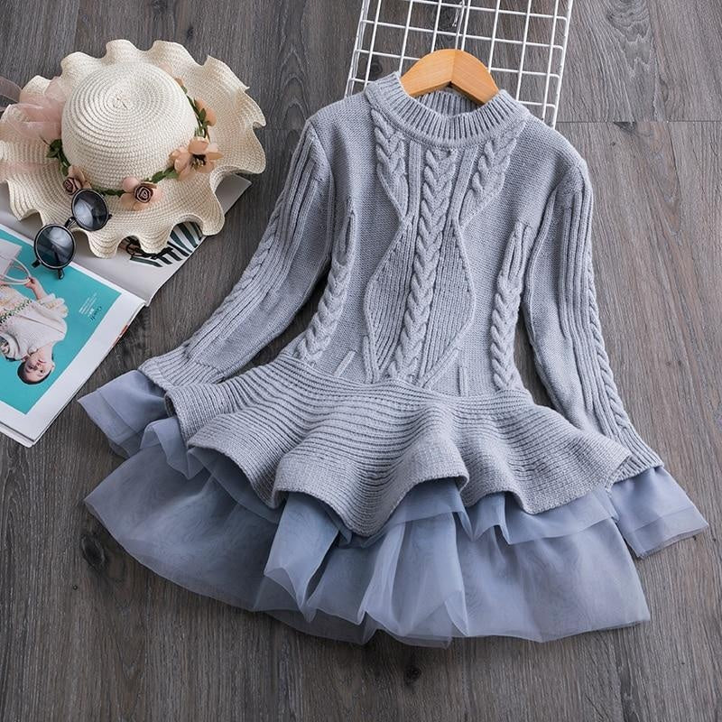 Girls Princess Costume Winter Knitted Christmas Sweater New Year Dresses 3-8 Years - MomyMall Gray / 2-3 Years