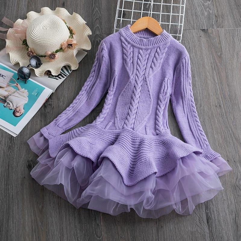 Girls Princess Costume Winter Knitted Christmas Sweater New Year Dresses 3-8 Years - MomyMall Purple / 2-3 Years