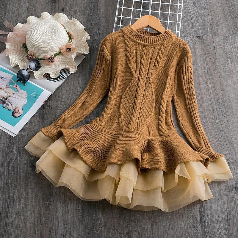 Girls Princess Costume Winter Knitted Christmas Sweater New Year Dresses 3-8 Years - MomyMall Brown / 2-3 Years