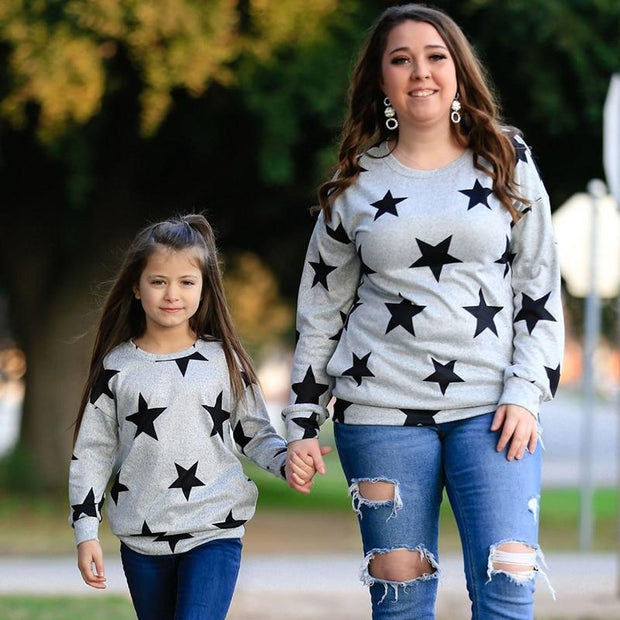 Long Sleeve Mother Daughter Family Matching Autumn O-neck Stars T-shirt - MomyMall style1 / Adult S