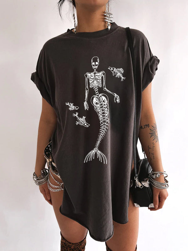 Mermaid Skull Print Vintage T-Shirt - MomyMall Dark Gray / S