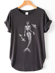 Mermaid Skull Print Vintage T-Shirt - MomyMall