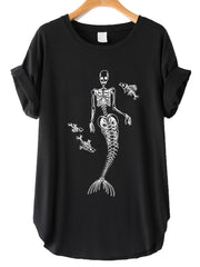 Mermaid Skull Print Vintage T-Shirt - MomyMall Black / S