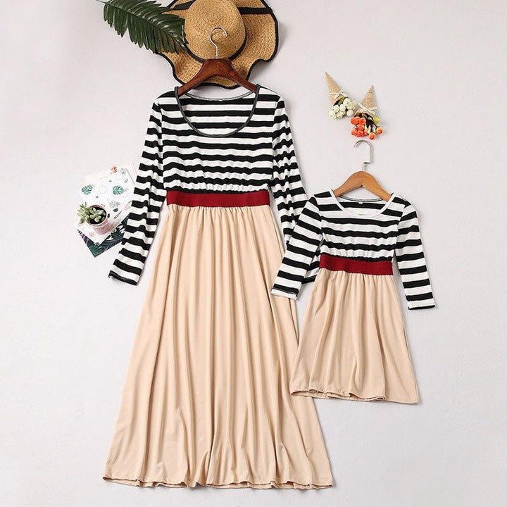 Family Matching Mother Daughter Dresses Striped Child Outfits Look - MomyMall Beige / Mother:S