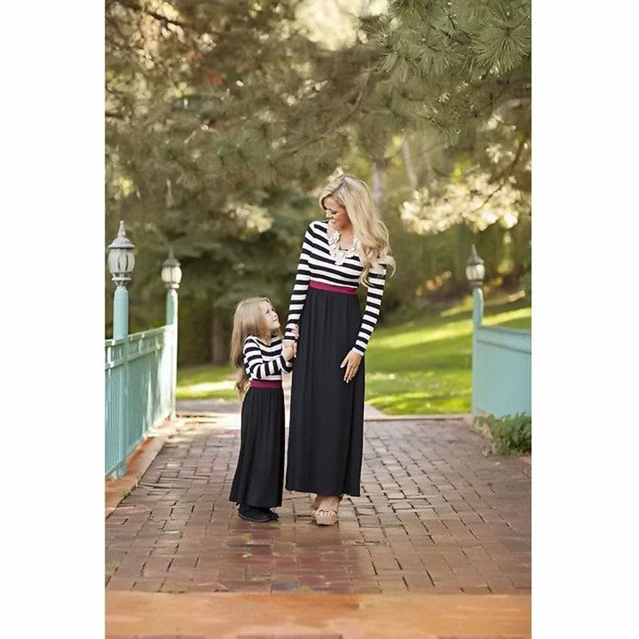 Family Matching Mother Daughter Dresses Striped Child Outfits Look - MomyMall Black / Mother:S