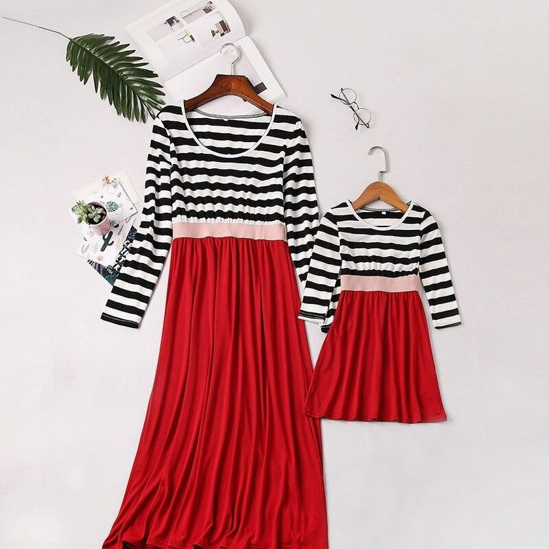 Family Matching Mother Daughter Dresses Striped Child Outfits Look - MomyMall