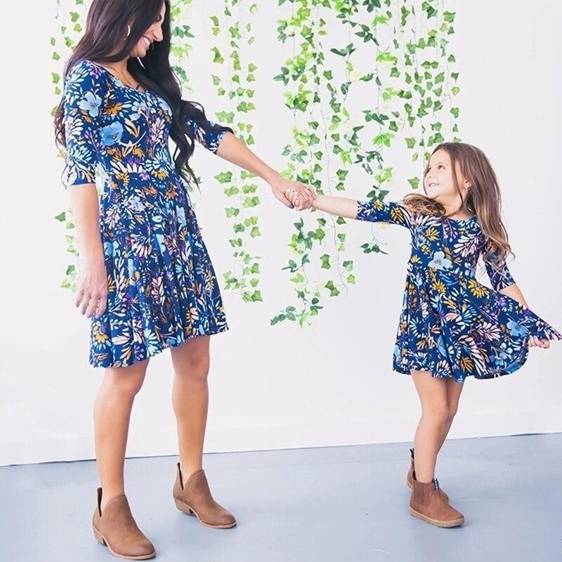 Mother Daughter Blue Floral Family Matching Mini Dress - MomyMall