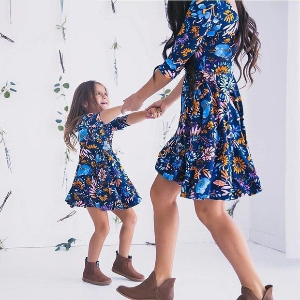 Mother Daughter Blue Floral Family Matching Mini Dress - MomyMall