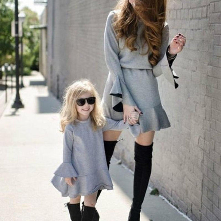 Mother Daughter Family Matching Long Flare Sleeve Mini Dress - MomyMall