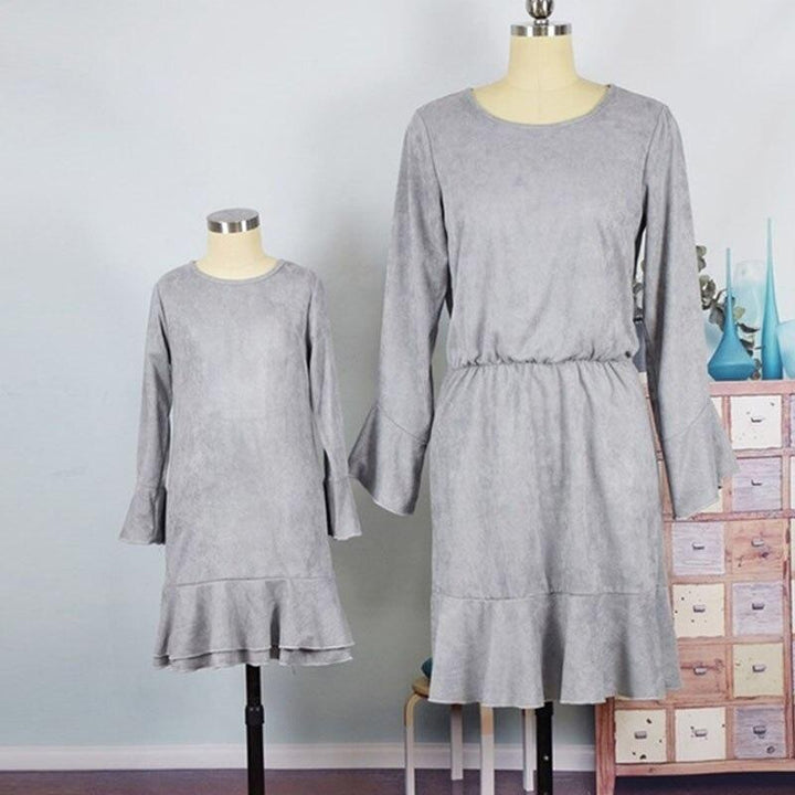 Mother Daughter Family Matching Long Flare Sleeve Mini Dress - MomyMall Gray / Women S