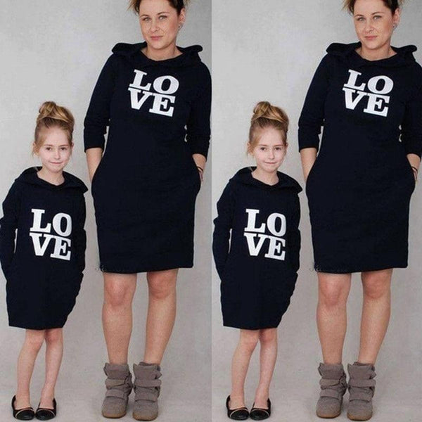 Mother Daughter Matching Dresses Hooded Long Sleeve Letter Shirts - MomyMall