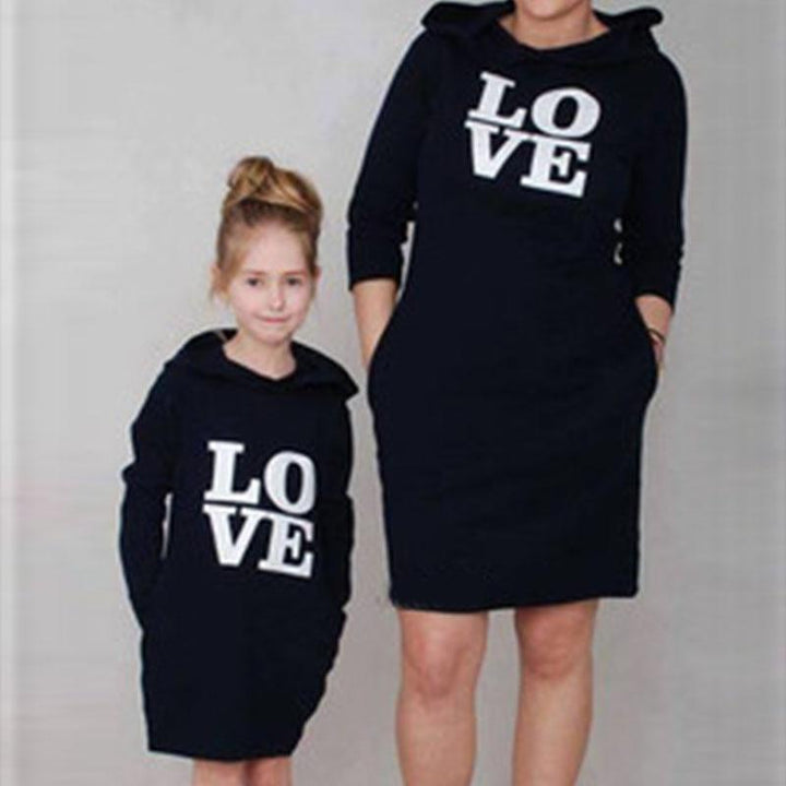 Mother Daughter Matching Dresses Hooded Long Sleeve Letter Shirts - MomyMall Black / Women S