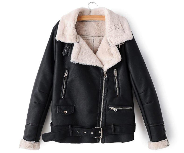 Faux Leather Aviator Coat Contrast Borg Lining