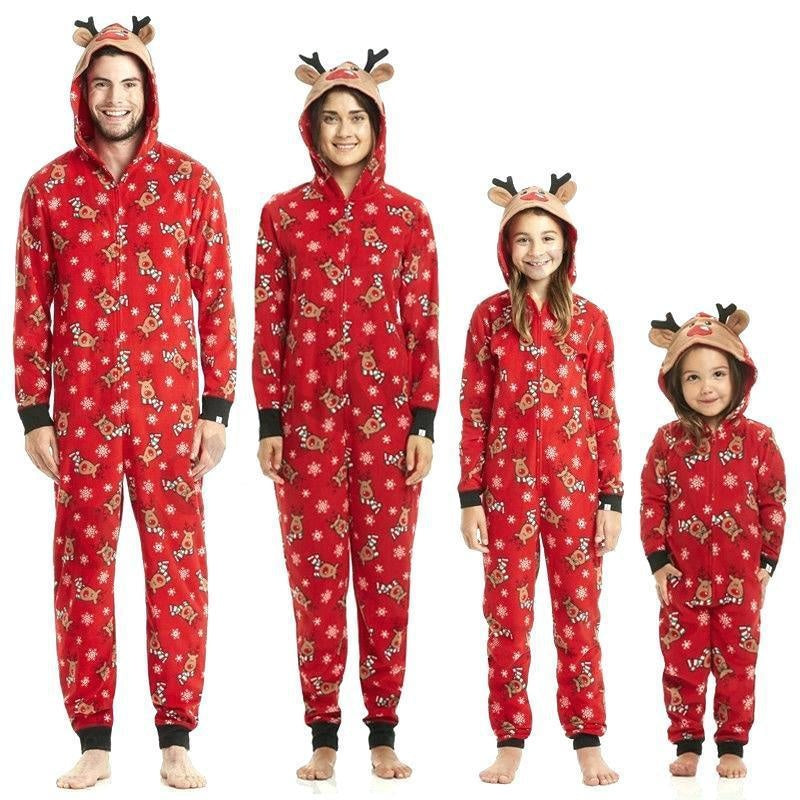 Family Christmas Pajamas Fashion Cute Hooded Jumpsuit Sleepwear Outfits - MomyMall