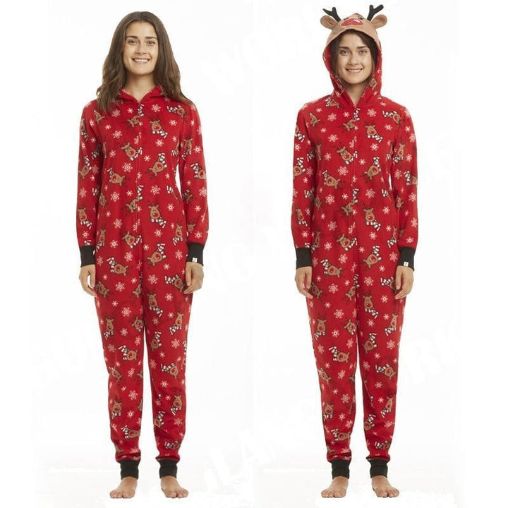 Family Christmas Pajamas Fashion Cute Hooded Jumpsuit Sleepwear Outfits - MomyMall Red / Mom S