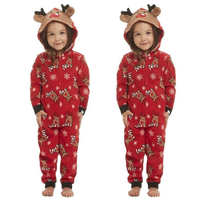 Family Christmas Pajamas Fashion Cute Hooded Jumpsuit Sleepwear Outfits - MomyMall Red / Kid 1-2T