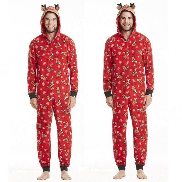 Family Christmas Pajamas Fashion Cute Hooded Jumpsuit Sleepwear Outfits - MomyMall Red / Dad S