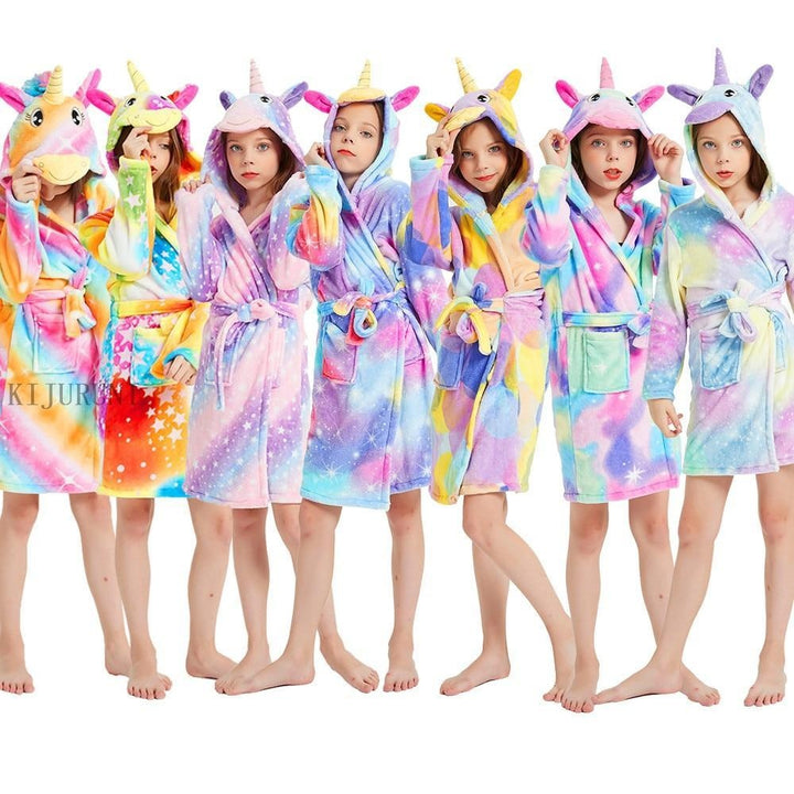 Kids Winter Hooded Bathrobe Unicorn Bath Robe Pajamas 3-12 Years - MomyMall