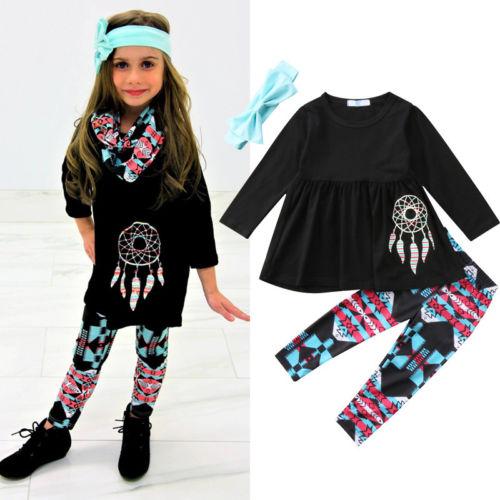 Kids Baby Girl Casual Long Sleeve Outfits 3 Pcs 2-7 Years - MomyMall Black with Blue / 2-3 Years