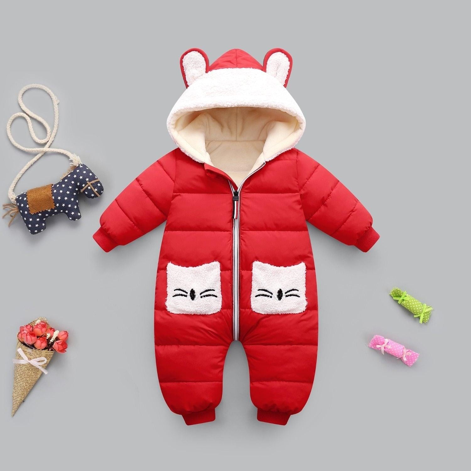 Baby Winter Hooded Rompers Thick Warm Jumpsuit Overalls - MomyMall