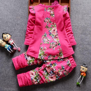 Baby Girl Casual Long-sleeved Tops Cartoon Cute Flower Print 2 Pcs Suit