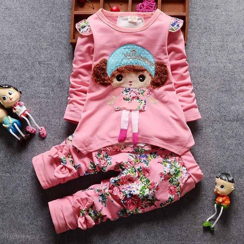 Baby Girl Casual Long-sleeved Tops Cartoon Cute Flower Print 2 Pcs Suit