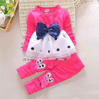 New Spring Autumn  Girl Long-sleeved Bow 2 Pcs Suit