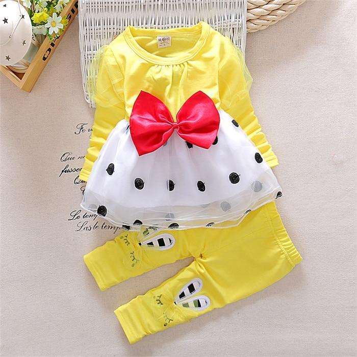 New Spring Autumn  Girl Long-sleeved Bow 2 Pcs Suit