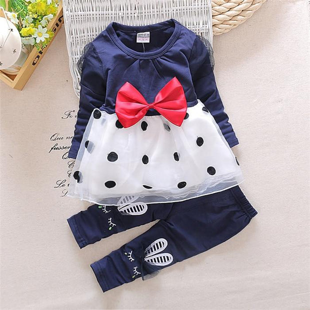 New Spring Autumn  Girl Long-sleeved Bow 2 Pcs Suit