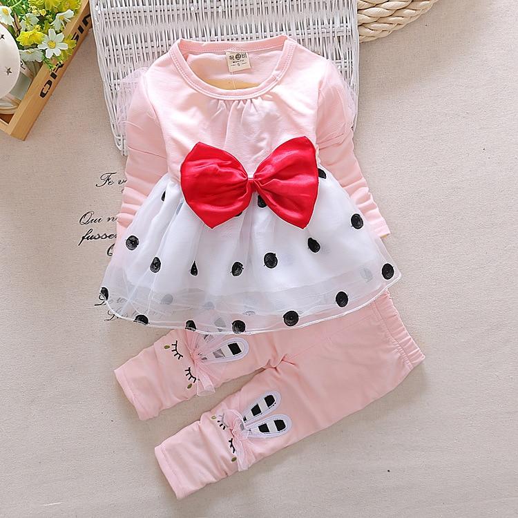 New Spring Autumn  Girl Long-sleeved Bow 2 Pcs Suit