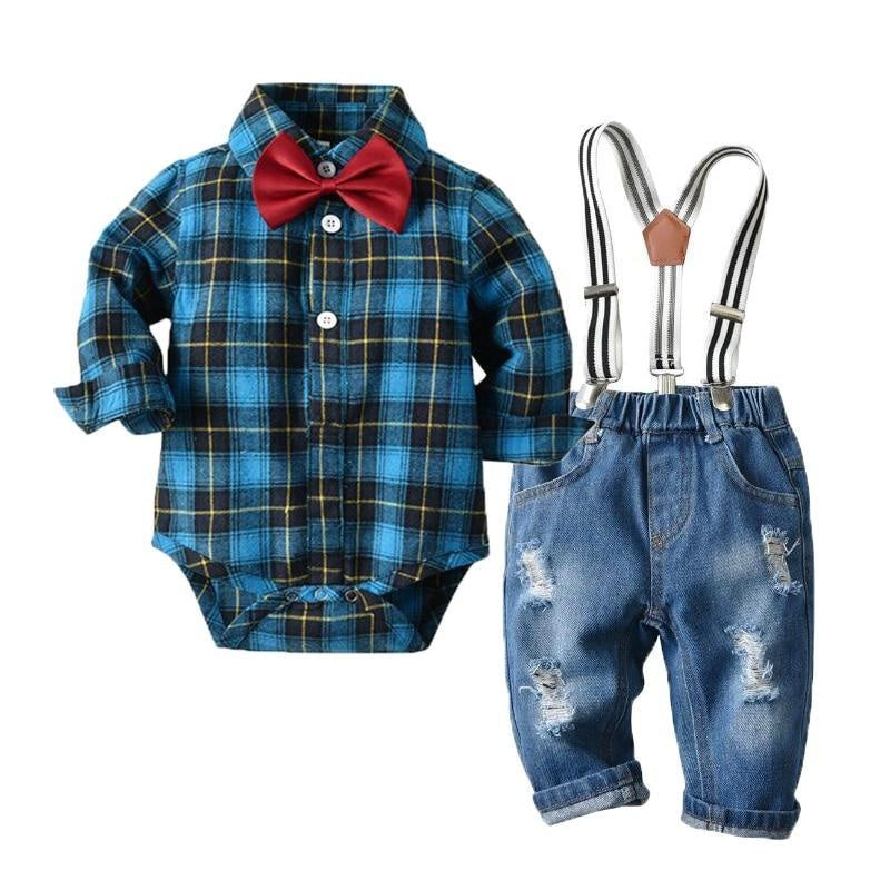 Baby Boy Denim Plaid Rompers Gentleman Bib Jeans 4 Pcs Outfit 6-36M - MomyMall