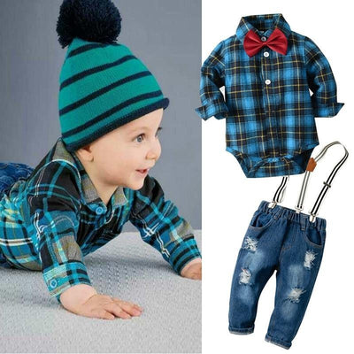 Baby Boy Denim Plaid Rompers Gentleman Bib Jeans 4 Pcs Outfit 6-36M - MomyMall