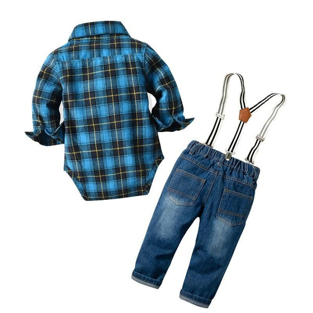 Baby Boy Denim Plaid Rompers Gentleman Bib Jeans 4 Pcs Outfit 6-36M - MomyMall