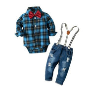 Baby Boy Denim Plaid Rompers Gentleman Bib Jeans 4 Pcs Outfit 6-36M - MomyMall 4 pieces set / 6-9 Months