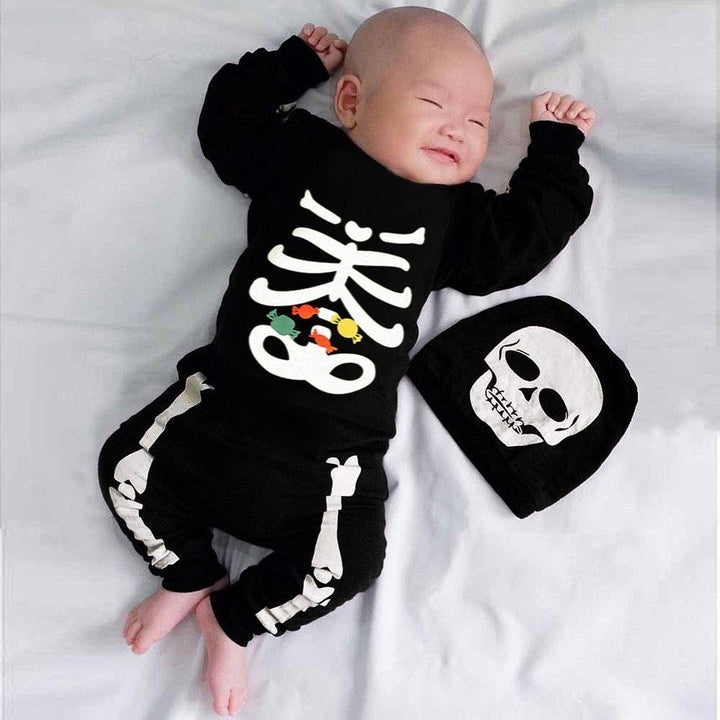 Baby Boys Halloween Bone Print Romper Jumpsuit+Hat 3 Pcs Set Outfits - MomyMall Black / 0-6 Months