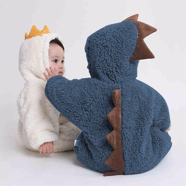 Baby Girls Cartoon Romper Dinosaur Jumpsuit Thickening Warm Coral Fleece Robe
