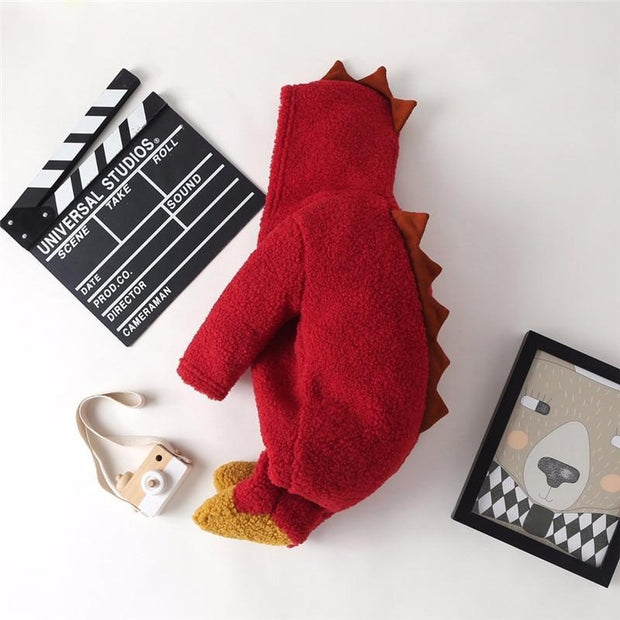Baby Girls Cartoon Romper Dinosaur Jumpsuit Thickening Warm Coral Fleece Robe