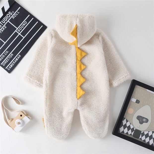 Baby Girls Cartoon Romper Dinosaur Jumpsuit Thickening Warm Coral Fleece Robe