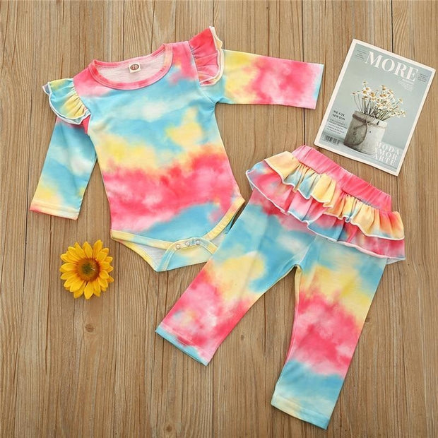 Baby Girls Clothes Set Autumn Long Sleeve Tie Dye Color Romper Outfits 0-18M - MomyMall