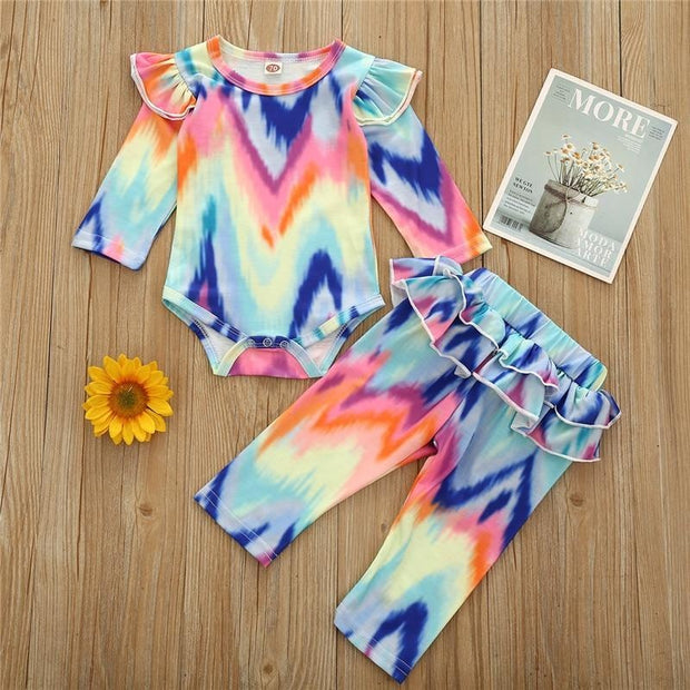Baby Girls Clothes Set Autumn Long Sleeve Tie Dye Color Romper Outfits 0-18M - MomyMall