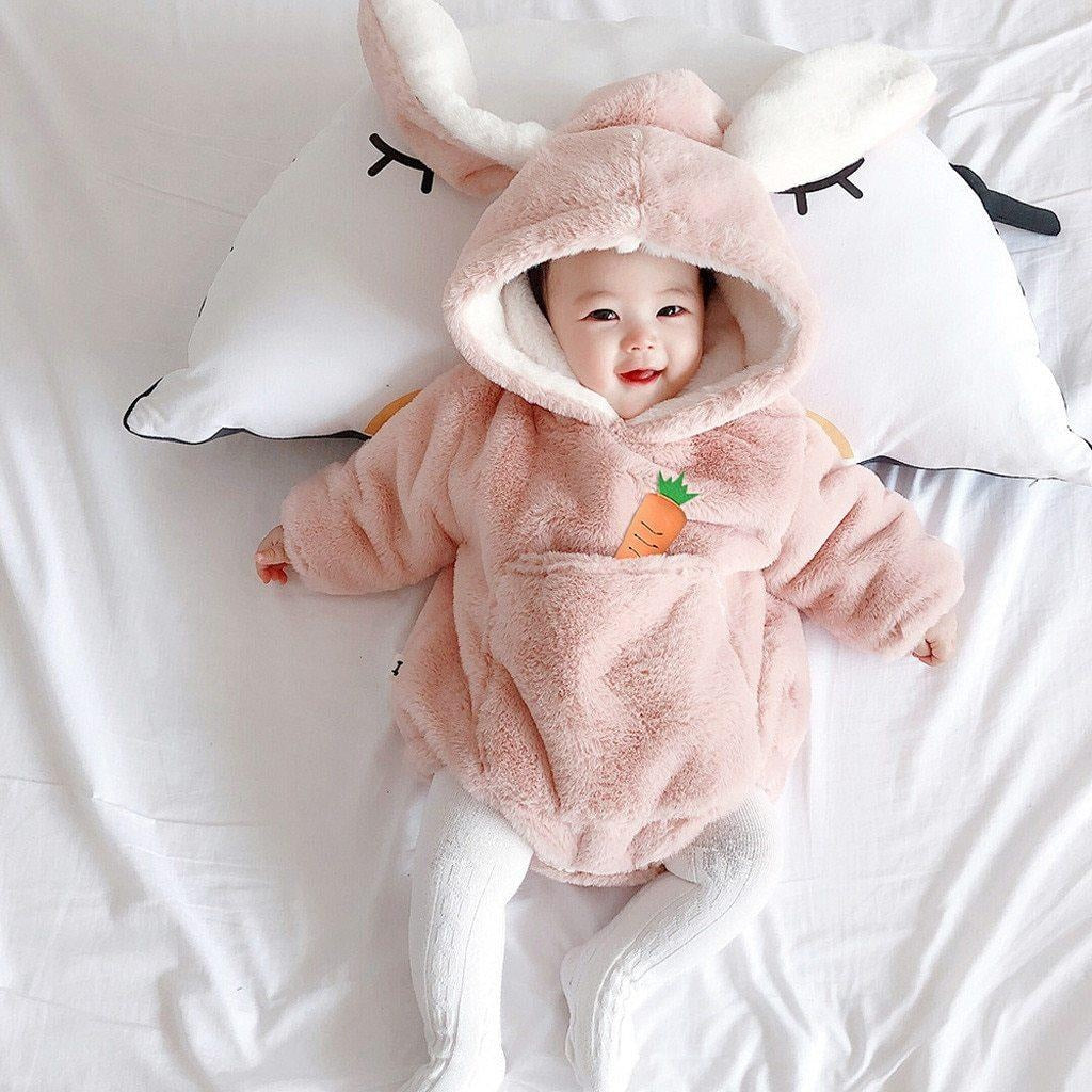 Infant Baby Girl Warm Thick Fleece Hooded Bodysuit Romper