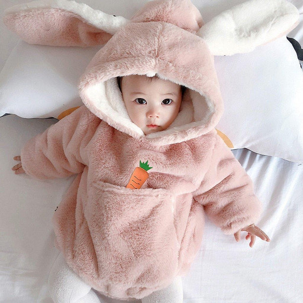 Infant Baby Girl Warm Thick Fleece Hooded Bodysuit Romper