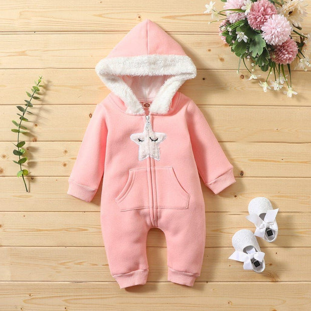 Baby Girls Winter Warm Jumpsuit Thick Romper Outfits Soft Zipper Pockets - MomyMall Pink / 0-3M