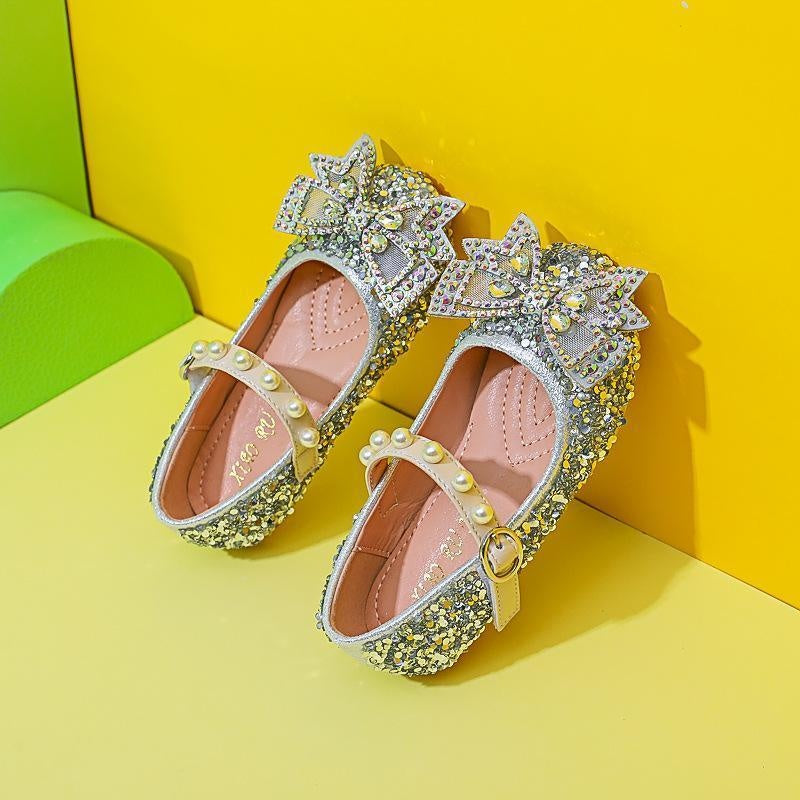 Girl Pearl Rhinestone Bow Shoes - MomyMall