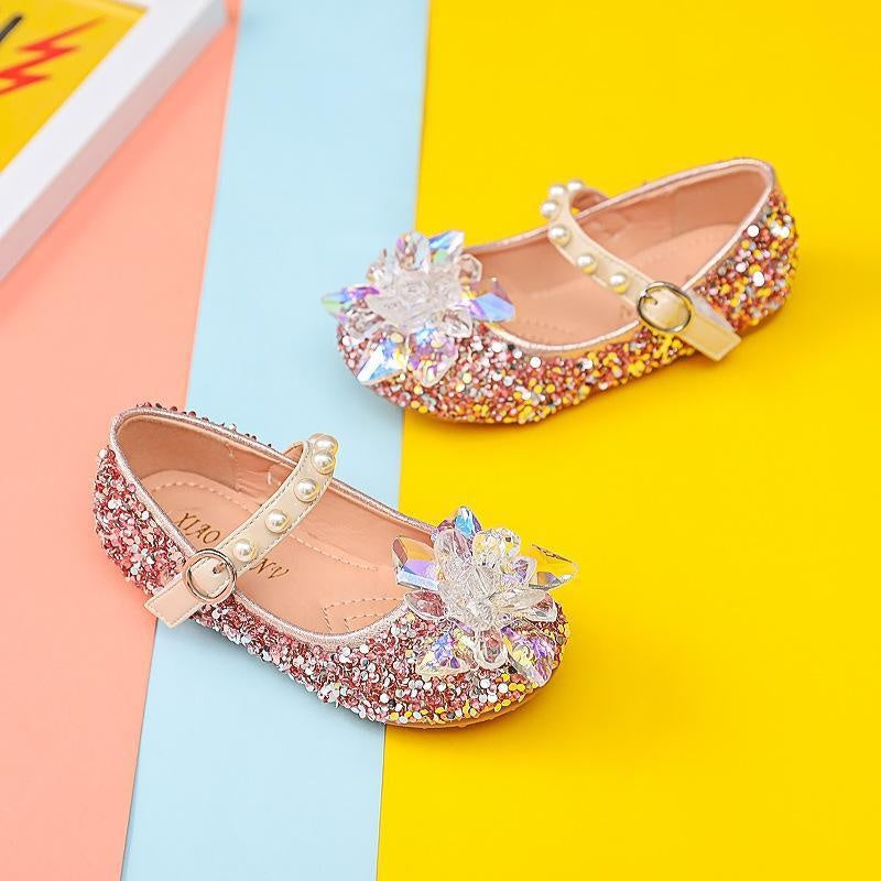 Girls' New Crystal Glass Flower Soft Sole Shoes