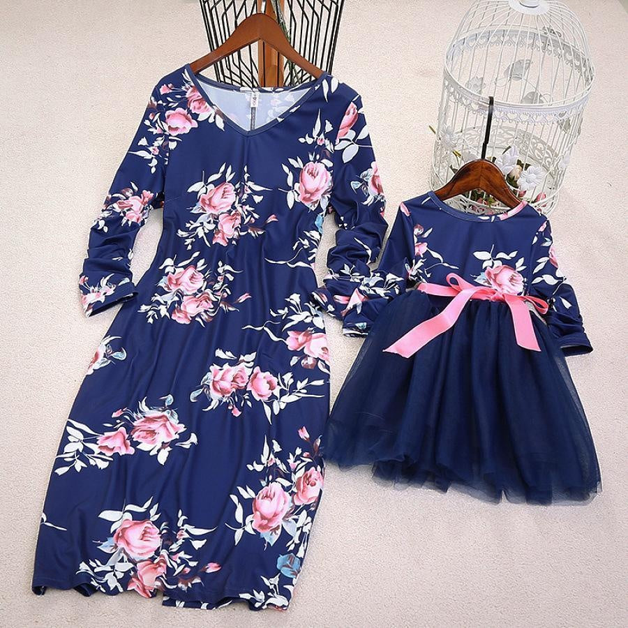 Family MatchingParent-child Dress Flower Printing Mosaic Mesh Dress