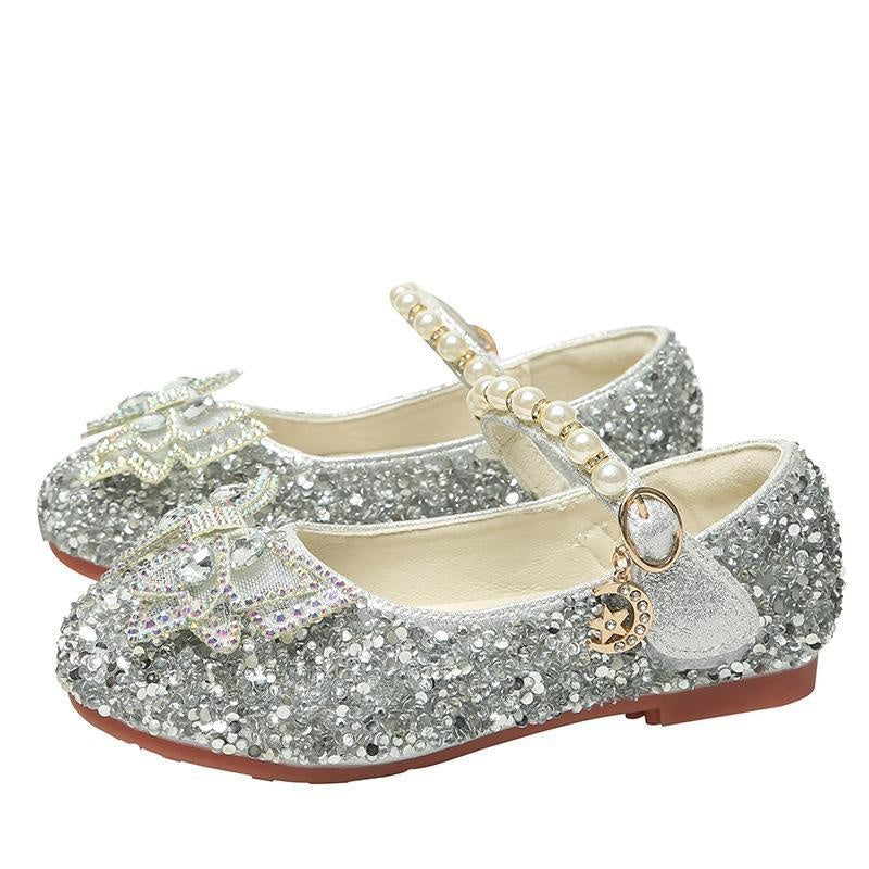 Girl's Small Leather Shoes with Crystal Bow and Sequined Children's Shoes