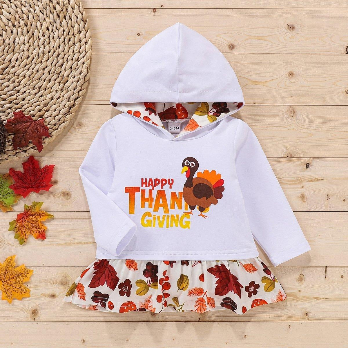 Kid Girl Thanksgiving Turkey Sweatshirt Long Sleeve Pullover with Ruffles - MomyMall white / 3-6Months